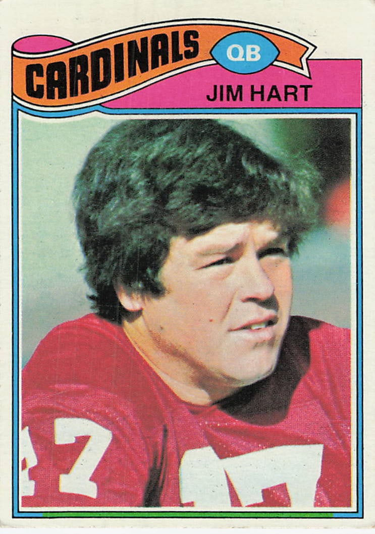 1977 Topps Jim Hart football card (Card #485): 1977 Topps Football Jim Hart #485 is a base trading card featuring Jim Hart during his tenure with the St. Louis Cardinals. This vintage Topps football issue includes the College Corner theme,