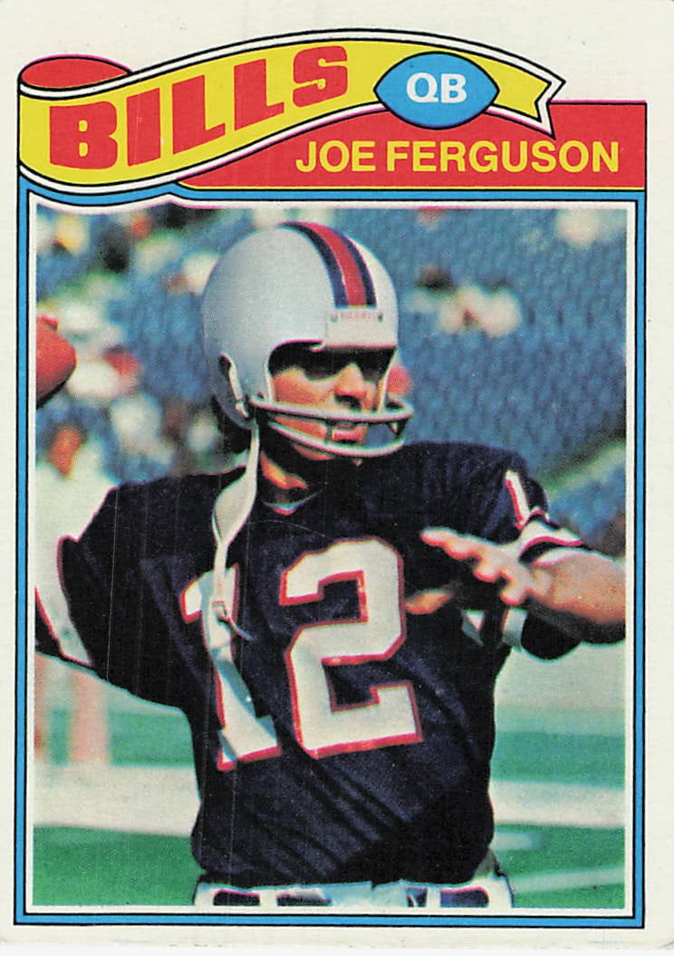 1977 Topps Joe Ferguson #174 football trading card: 1977 Topps Football Joe Ferguson #174 is a base trading card featuring Joe Ferguson during his tenure with the Buffalo Bills. Part of Topps' colorful late-1970s NFL release, this card highlights