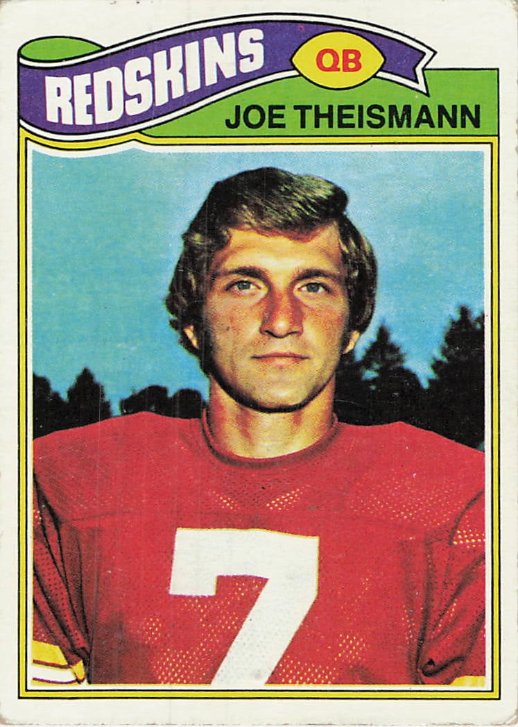 1977 Topps #74 Joe Theismann football trading card: 1977 Topps Football Joe Theismann #74 is a base trading card featuring Joe Theismann during his tenure with the Washington Redskins. Issued as part of Topps' 1977 football release, this card includes