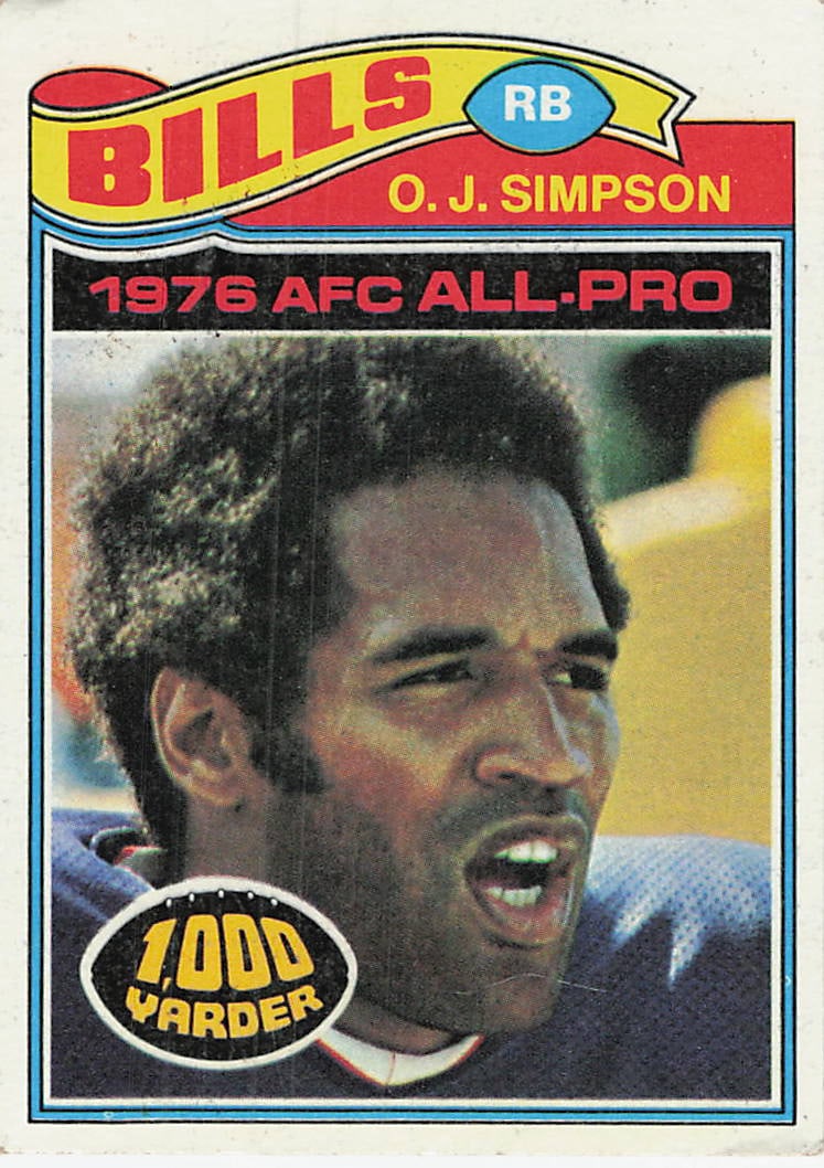 1977 Topps #100 O.J. Simpson football card: 1977 Topps Football O.J. Simpson #100 is a base trading card featuring O.J. Simpson during his tenure with the Buffalo Bills. Part of Topps' 1977 Football release, this card highlights Simpson as a