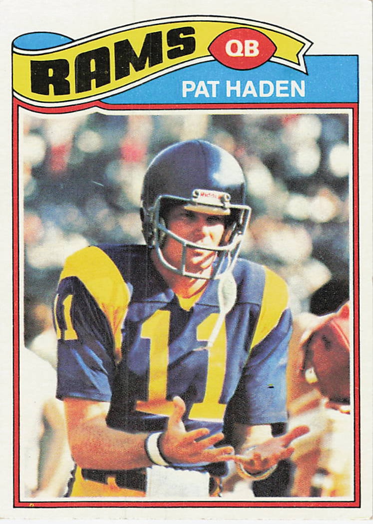 1977 Topps #18 Pat Haden rookie trading card: 1977 Topps Football Pat Haden #18 is a base trading card featuring Pat Haden during his tenure with the Los Angeles Rams. This card is part of the 1977 Topps Football release, with the College Corner