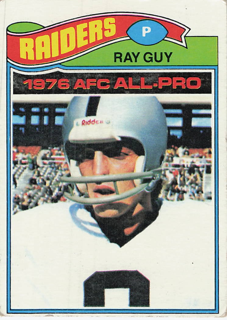 1977 Topps #320 Ray Guy football trading card: 1977 Topps Football Ray Guy #320 is a base trading card featuring Ray Guy during his tenure with the Oakland Raiders. This vintage Topps football issue highlights the Hall of Fame punter with his