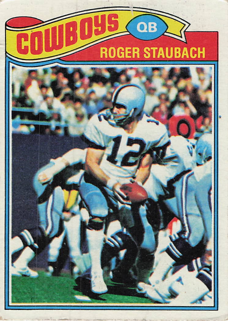 1977 Topps Roger Staubach #45 football trading card: 1977 Topps Football Roger Staubach #45 is a base trading card featuring Roger Staubach during his tenure with the Dallas Cowboys. This vintage Topps issue includes the College Corner theme,