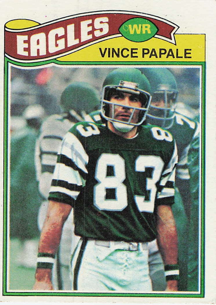 977 Topps Vince Papale rookie card, number 397: 1977 Topps Football Vince Papale #397 is a base trading card featuring Vince Papale during his tenure with the Philadelphia Eagles. The 1977 Topps football release includes College Corner