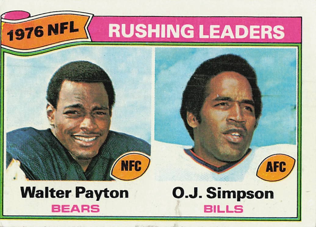 1977 Topps NFL Rushing Leaders football card featuring Walter Payton and O.J. Simpson: 1977 Topps Football Walter Payton / O.J. Simpson #3 is a base trading card featuring Walter Payton and O.J. Simpson during their tenure with the Chicago Bears and Buffalo Bills. This league leaders ca