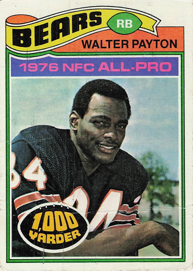 1977 Topps Walter Payton NFC All-Pro Card #360: 1977 Topps Football Walter Payton #360 is a base trading card featuring Walter Payton during his tenure with the Chicago Bears. This vintage Topps football issue highlights Payton during his early ris