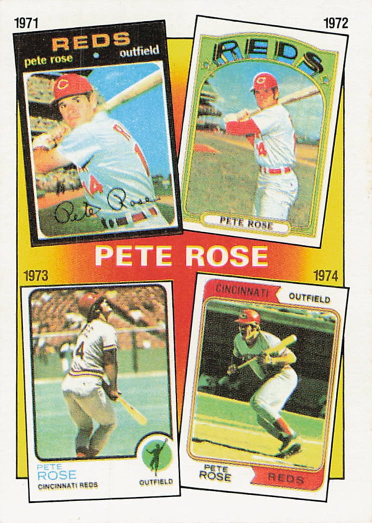 1986 Topps #4 "The Pete Rose Years: 1971–1974" baseball card: This is a 1986 Topps baseball card titled “The Pete Rose Years: 1971–1974,” highlighting Pete Rose’s career with the Cincinnati Reds during this period. The card features a