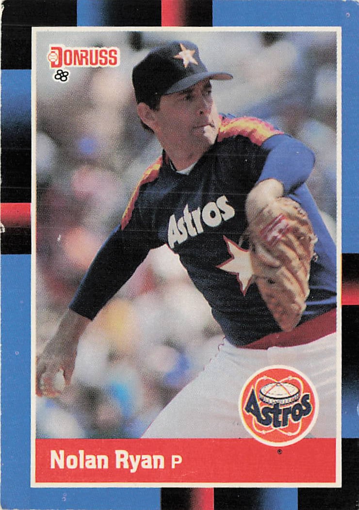 1988 Donruss Nolan Ryan #61 baseball card: 1988 Donruss 88 Nolan Ryan #61 is a base trading card featuring Nolan Ryan during his tenure with the Houston Astros. This Donruss '88 issue showcases the Hall of Fame right-hander during his Astros r