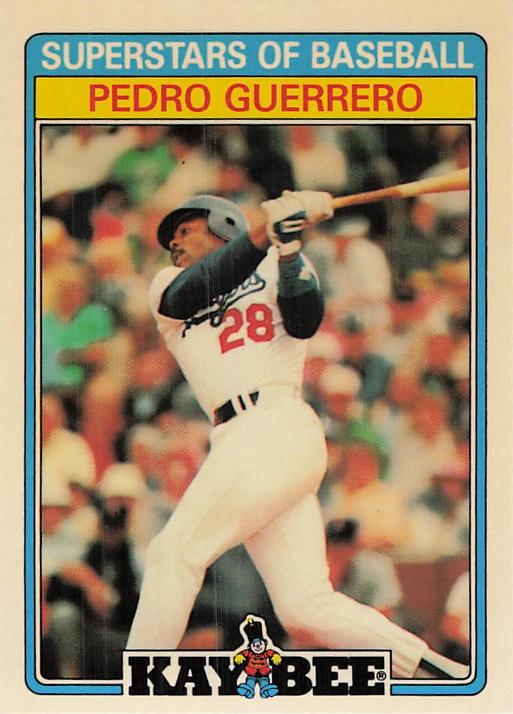 1987 Topps Kay-Bee Superstars of Baseball card number 14: 1987 Kay Bee Superstars of Baseball Pedro Guerrero #14 is a base trading card featuring Pedro Guerrero during his tenure with the Los Angeles Dodgers. This 33-card retail issue highlights notable majo