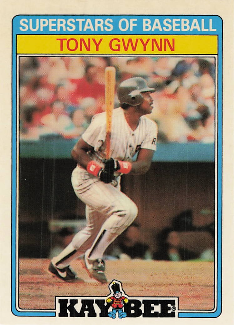 1987 Topps Kay-Bee Superstars of Baseball Tony Gwynn #15 trading card: 1987 Kay Bee Superstars of Baseball Tony Gwynn #15 is a base trading card featuring Tony Gwynn during his tenure with the San Diego Padres. This 33-card Kay Bee issue spotlights notable major league