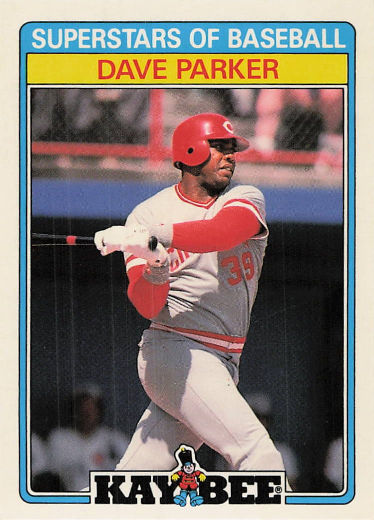 1987 Topps Kay-Bee Superstars of Baseball trading card: 1987 Kay-Bee Superstars of Baseball Dave Parker #23 is a base trading card featuring Dave Parker during his tenure with the Cincinnati Reds. This 33-card Kay-Bee issue spotlights notable major league 