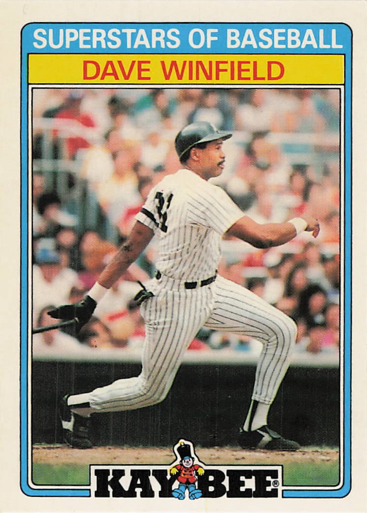 1987 Topps Kay-Bee Superstars of Baseball Dave Winfield #33 trading card: 1987 Kay-Bee Superstars of Baseball Dave Winfield #33 is a base trading card featuring Dave Winfield during his tenure with the New York Yankees. This late-1980s Kay-Bee boxed-set issue highlights
