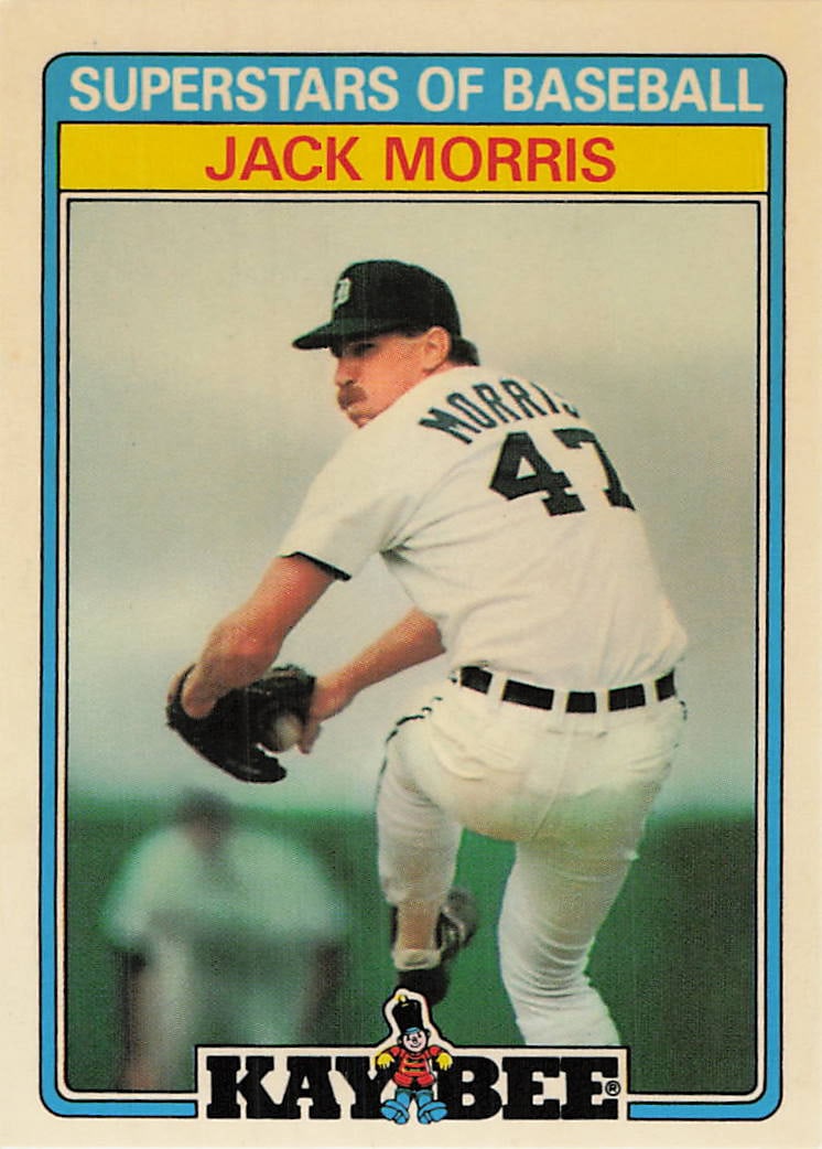 1987 Topps Kay-Bee Superstars of Baseball #20 trading card: 1987 Kay-Bee Superstars of Baseball Jack Morris #20 is a base trading card featuring Jack Morris during his tenure with the Detroit Tigers. This 33-card Kay-Bee release highlights notable major