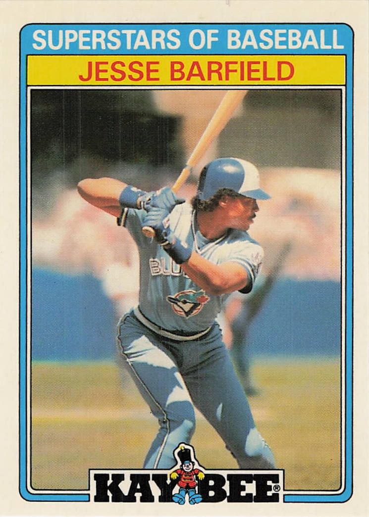 1987 Topps Kay-Bee Superstars of Baseball #2 Jesse Barfield trading card: 1987 Kay-Bee Superstars of Baseball Jesse Barfield #2 is a base trading card featuring Jesse Barfield during his tenure with the Toronto Blue Jays. The Superstars of Baseball issue is a 33-card