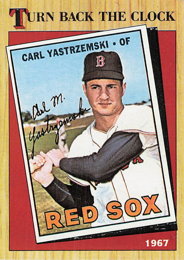 1987 Topps #355 Carl Yastrzemski baseball trading card: This is a 1987 Topps trading card featuring Boston Red Sox outfielder Carl Yastrzemski. The card is part of the 'Turn Back the Clock' subset and commemorates his 1967 season performance. It displays