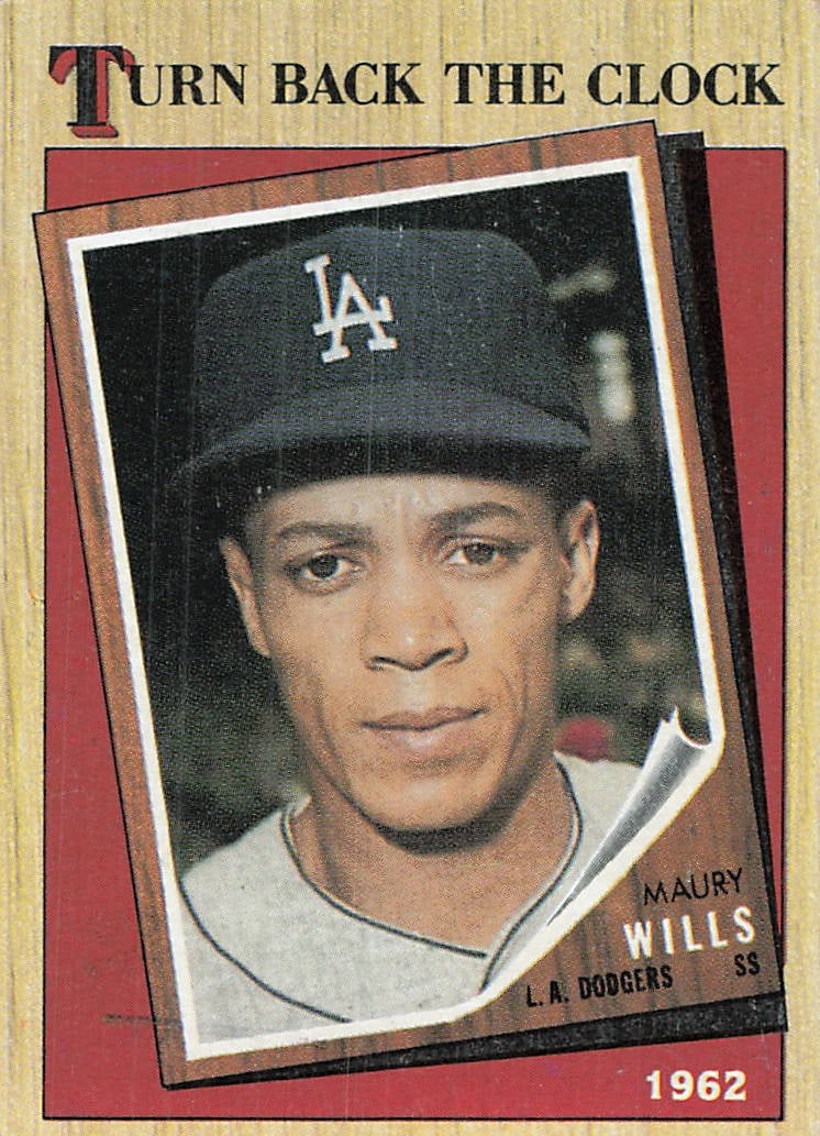 1987 Topps #315 Maury Wills "Turn Back the Clock" baseball card: 1987 Topps Turn Back the Clock Maury Wills #315 is a base trading card featuring Maury Wills during his tenure with the Los Angeles Dodgers. This retrospective subset revisits the 1962 season and