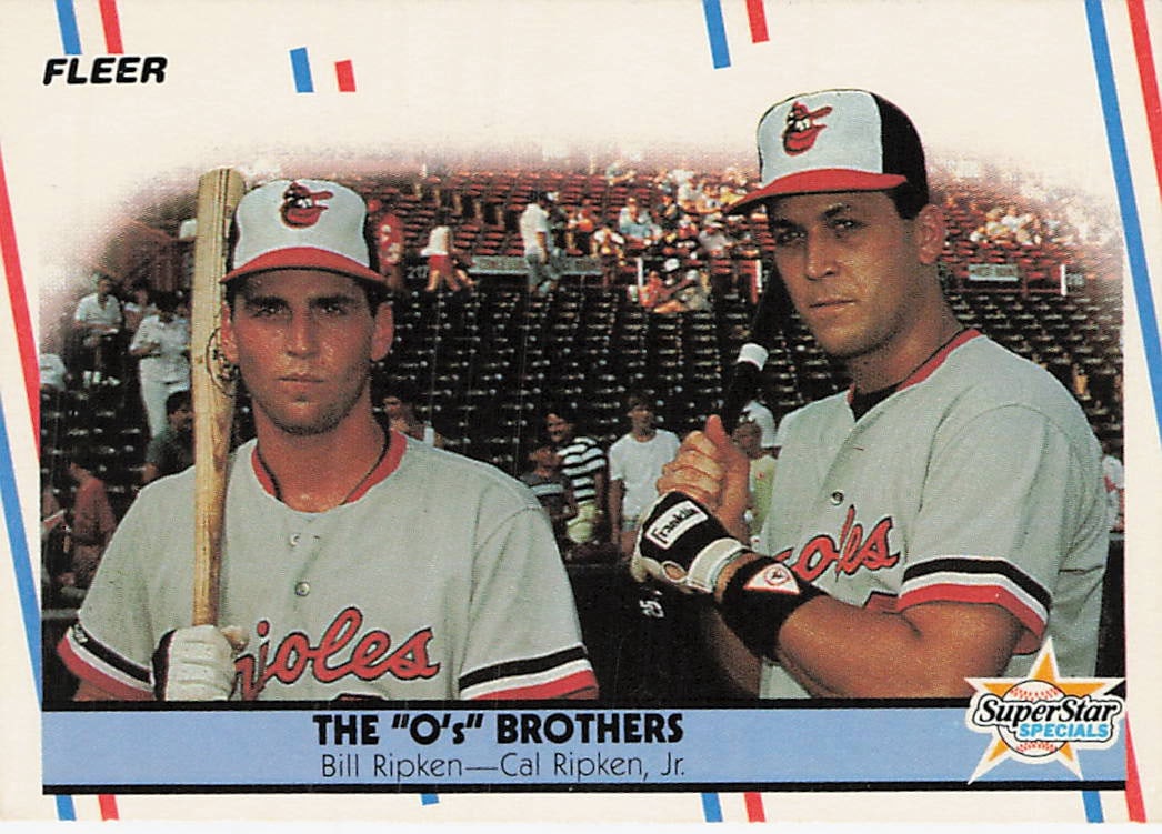 1988 Fleer #640 "O's Brothers" baseball card featuring Baltimore Orioles: 1988 Fleer SuperStar Specials Bill Ripken / Cal Ripken Jr. #640 is a base trading card featuring Bill Ripken and Cal Ripken Jr. during their tenure with the Baltimore Orioles. Part of Fleer's SuperSta