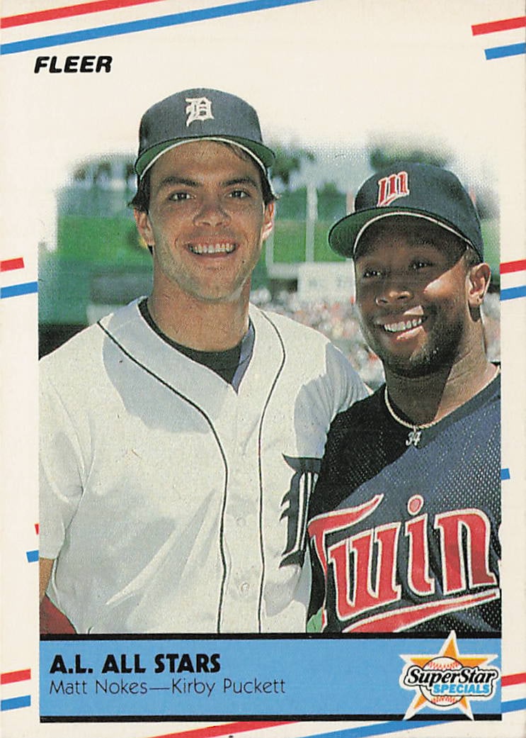 1988 Fleer #638 baseball trading card featuring American League All-Stars: 1988 Fleer SuperStar Specials Matt Nokes / Kirby Puckett #638 is a base trading card featuring Matt Nokes and Kirby Puckett as members of the Detroit Tigers and Minnesota Twins. This A.L. All-Stars