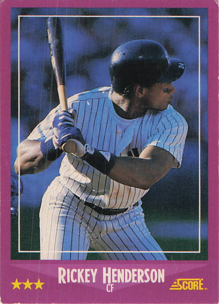 1988 Score #13 Rickey Henderson baseball card: 1988 Score Rickey Henderson #13 is a base trading card featuring Rickey Henderson during his tenure with the New York Yankees. Issued during the Junk Wax era, the 1988 Score release is known for its c