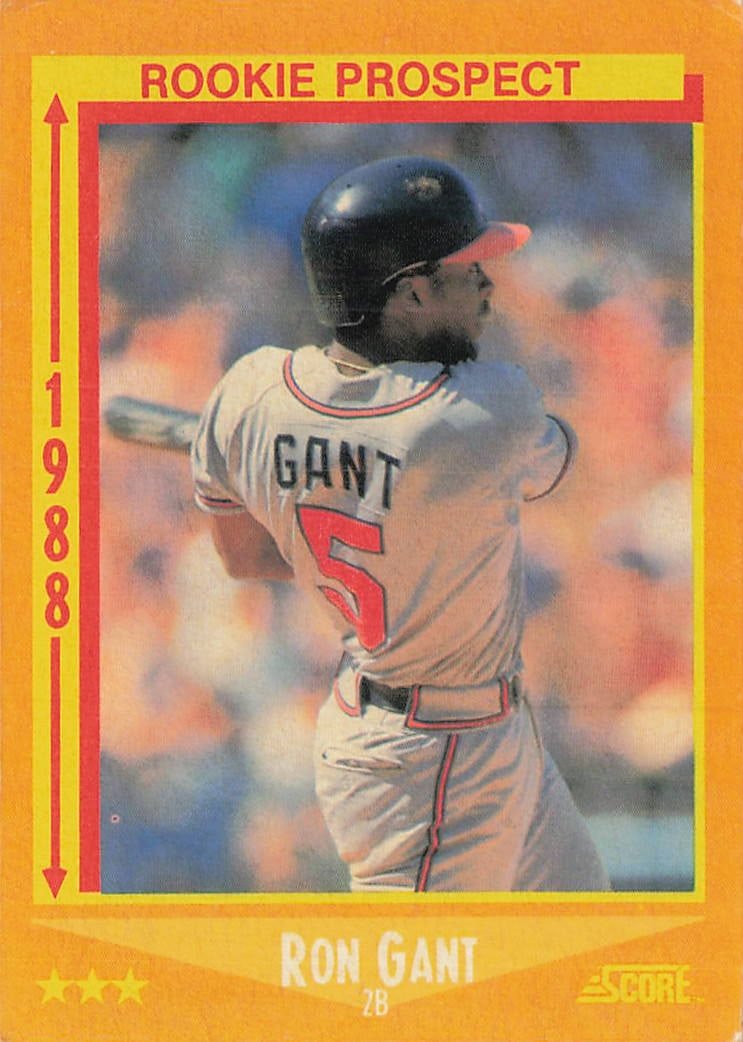 1988 Score #647 Ron Gant "Rookie Prospect" baseball trading card: 1988 Score Rookie Prospect Ron Gant #647 is a rookie trading card featuring Ron Gant as a member of the Atlanta Braves. Score's 1988 baseball release is a notable Junk Wax Era issue, and this card is 