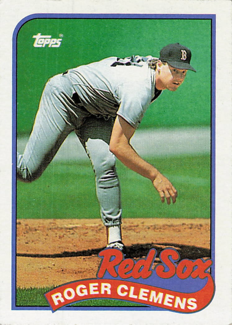 1989 Topps #450 Roger Clemens Boston Red Sox baseball card: This is a 1989 Topps baseball card featuring Roger Clemens of the Boston Red Sox. The card showcases Clemens in his pitching motion on the mound. It is a classic vintage sports card.