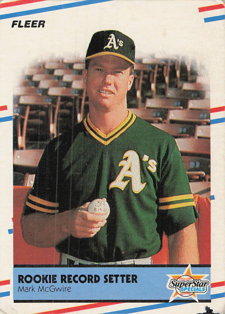 1988 Fleer Superstar Specials Rookie Record Setter Mark McGwire (#629) baseball card: 1988 Fleer SuperStar Specials Mark McGwire #629 is a base trading card featuring Mark McGwire during his tenure with the Oakland Athletics. The SuperStar Specials subset highlights notable achievement