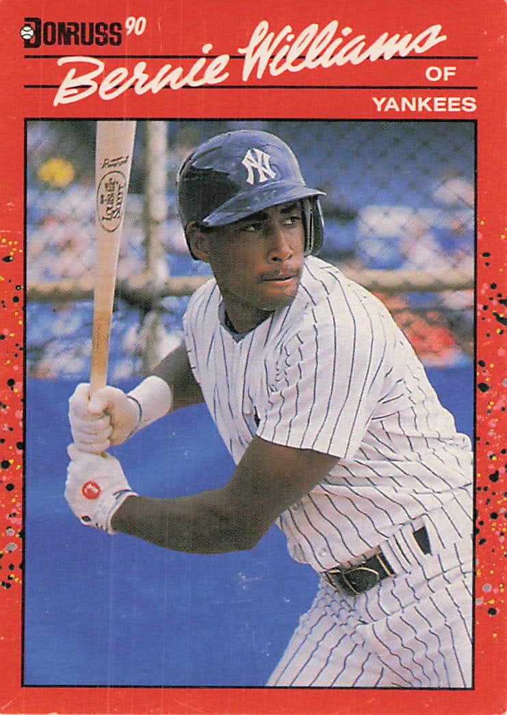 1990 Donruss #689 Bernie Williams Rookie Card: 1990 Donruss '90 Bernie Williams #689 is a rookie trading card featuring Bernie Williams as a member of the New York Yankees. An early Yankees issue from Donruss's colorful '90 release, this card is