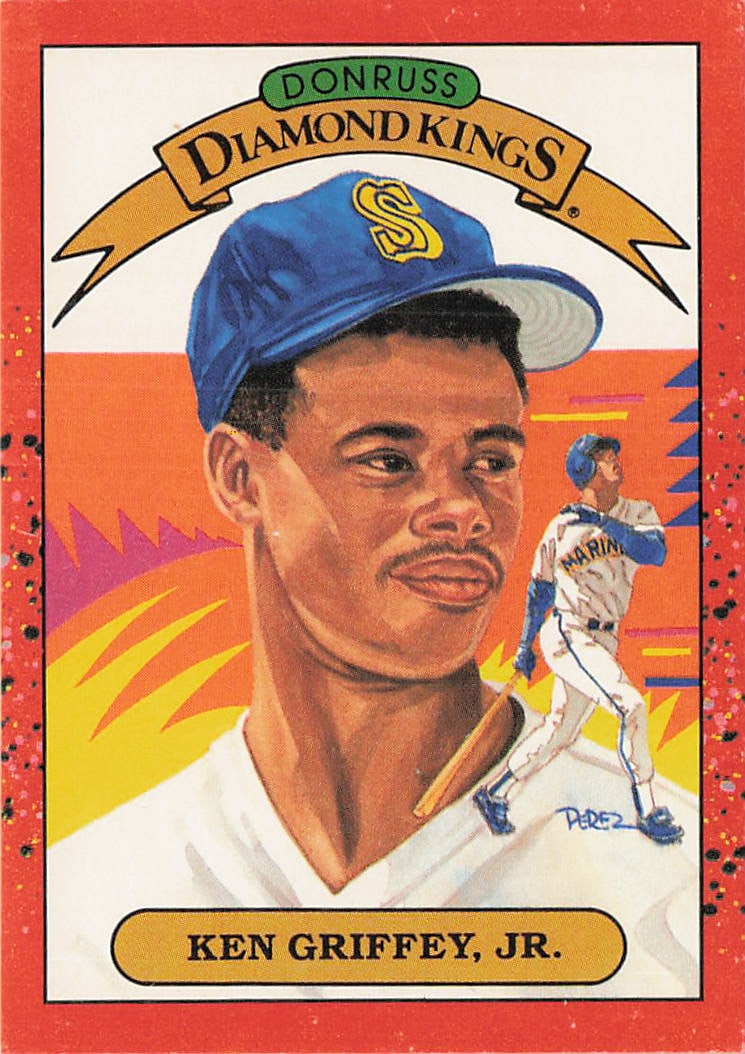 1990 Donruss Diamond Kings #4 Ken Griffey Jr. baseball card: 1990 Donruss Diamond Kings Ken Griffey, Jr. #4 is a base trading card featuring Ken Griffey, Jr. during his tenure with the Seattle Mariners. The Diamond Kings subset is known for its Dick Perez