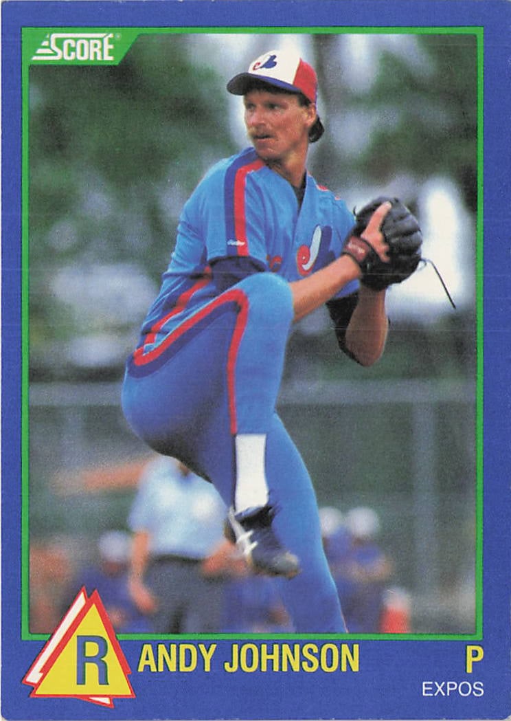 1989 Score Hottest 100 Rising Stars #63 Randy Johnson rookie trading card: 1989 Score Rising Star Randy Johnson #63 is a rookie trading card featuring Randy Johnson during his tenure with the Montreal Expos. The Rising Star subset highlights top young talent and rookies from