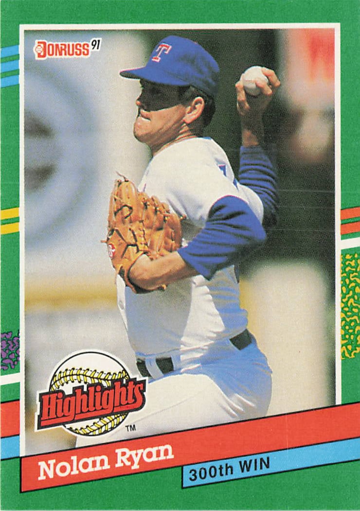 1991 Donruss Highlights #BC-15 Nolan Ryan baseball card: 1991 Donruss Highlights Nolan Ryan #BC-15 is an insert trading card featuring Nolan Ryan during his tenure with the Texas Rangers. This Highlights entry commemorates Ryan's 300th win, and the card is