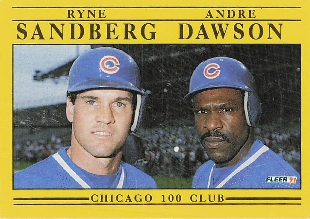 1991 Fleer baseball card #713 featuring Chicago Cubs stars Andre Dawson and Ryne Sandberg: 1991 Fleer Super Star Specials Ryne Sandberg / Andre Dawson #713 is a base trading card featuring Ryne Sandberg and Andre Dawson during their tenure with the Chicago Cubs. The Super Star Specials