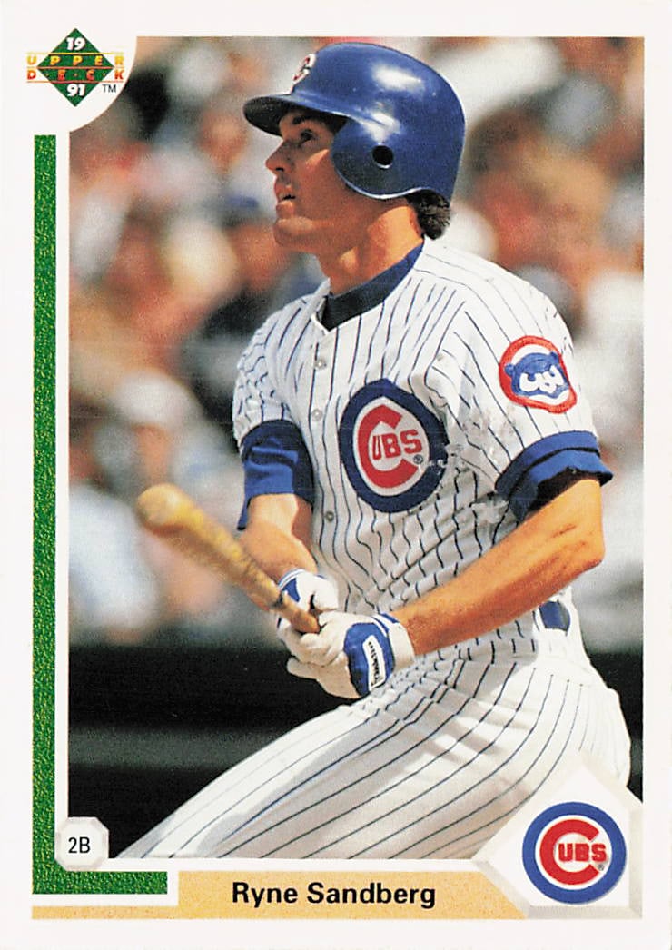 1991 Upper Deck Baseball Card #132 Ryne Sandberg: 1991 Upper Deck 1991 Baseball Ryne Sandberg #132 is a base trading card featuring Ryne Sandberg during his tenure with the Chicago Cubs. This early-1990s Upper Deck release comes from the brand's