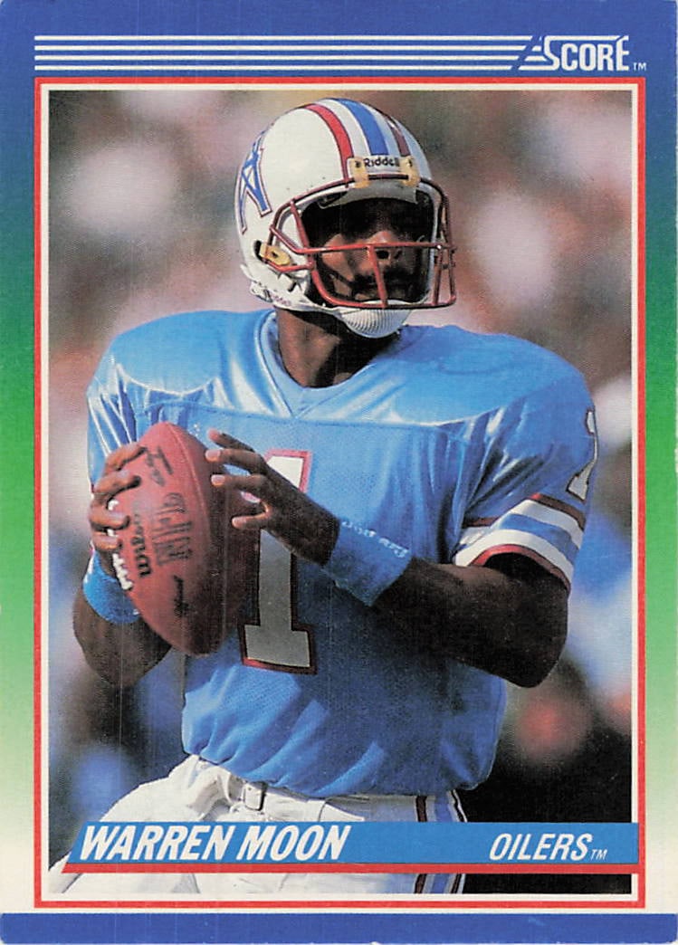 1990 Score #105 Warren Moon football trading card: This is a 1990 Score football card featuring Warren Moon. The card displays him in his Houston Oilers uniform.