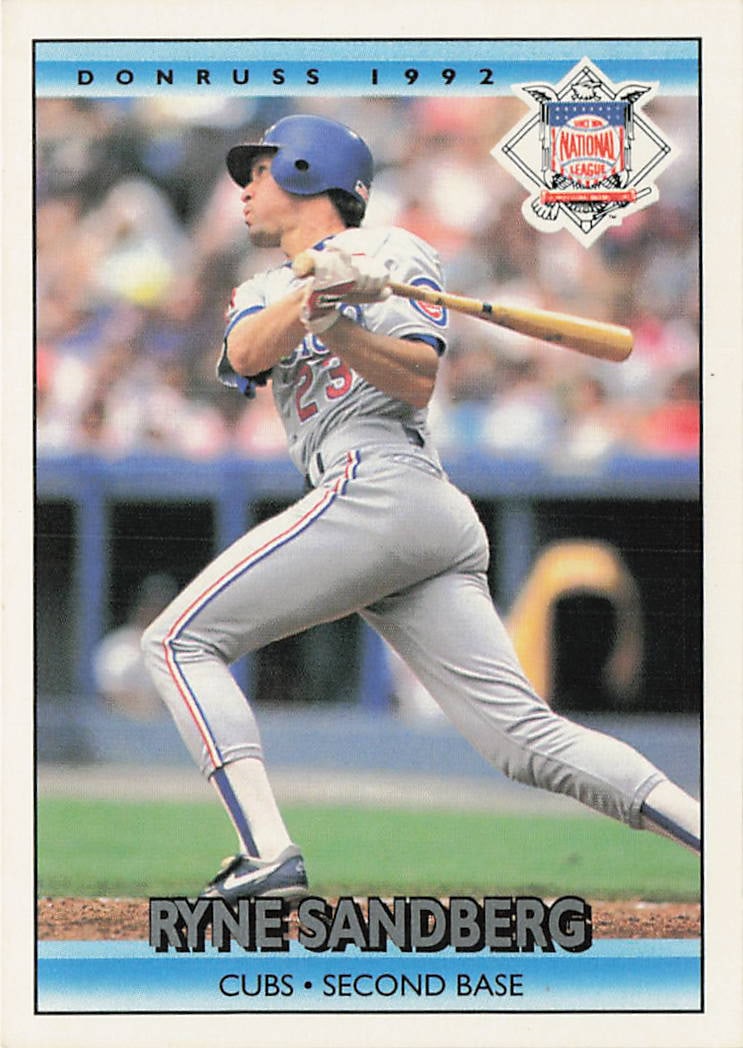 1992 Donruss #429 Ryne Sandberg baseball trading card: 1992 Donruss All Star & Career Highlights Ryne Sandberg #429 is a base trading card featuring Ryne Sandberg during his tenure with the Chicago Cubs. This National League-themed Donruss subset