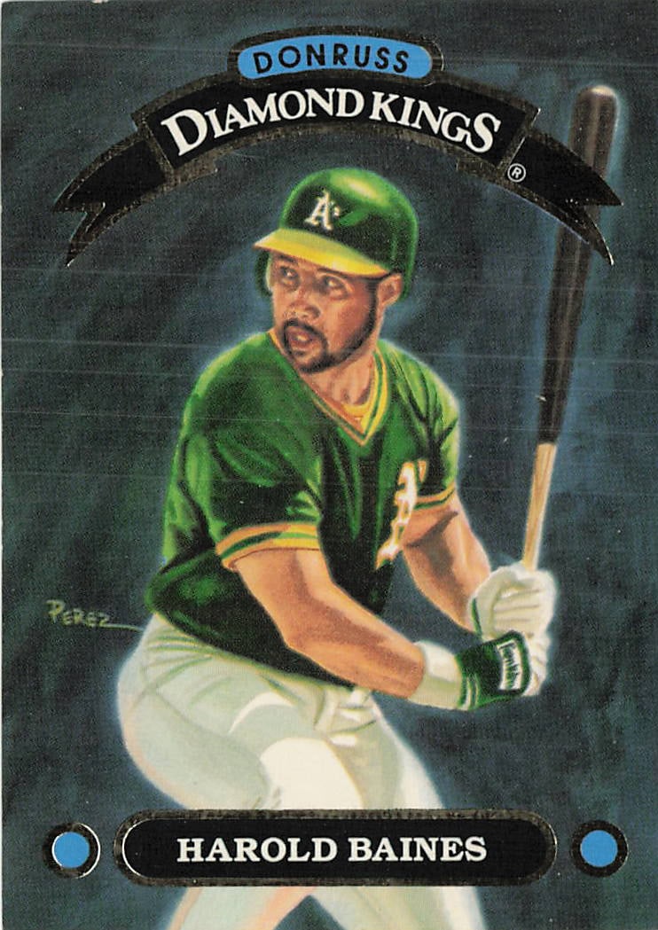 1992 Donruss Diamond Kings Harold Baines baseball card: 1992 Donruss Diamond Kings Harold Baines #DK-14 is an insert trading card featuring Harold Baines during his tenure with the Oakland Athletics. The Diamond Kings series is known for its painted