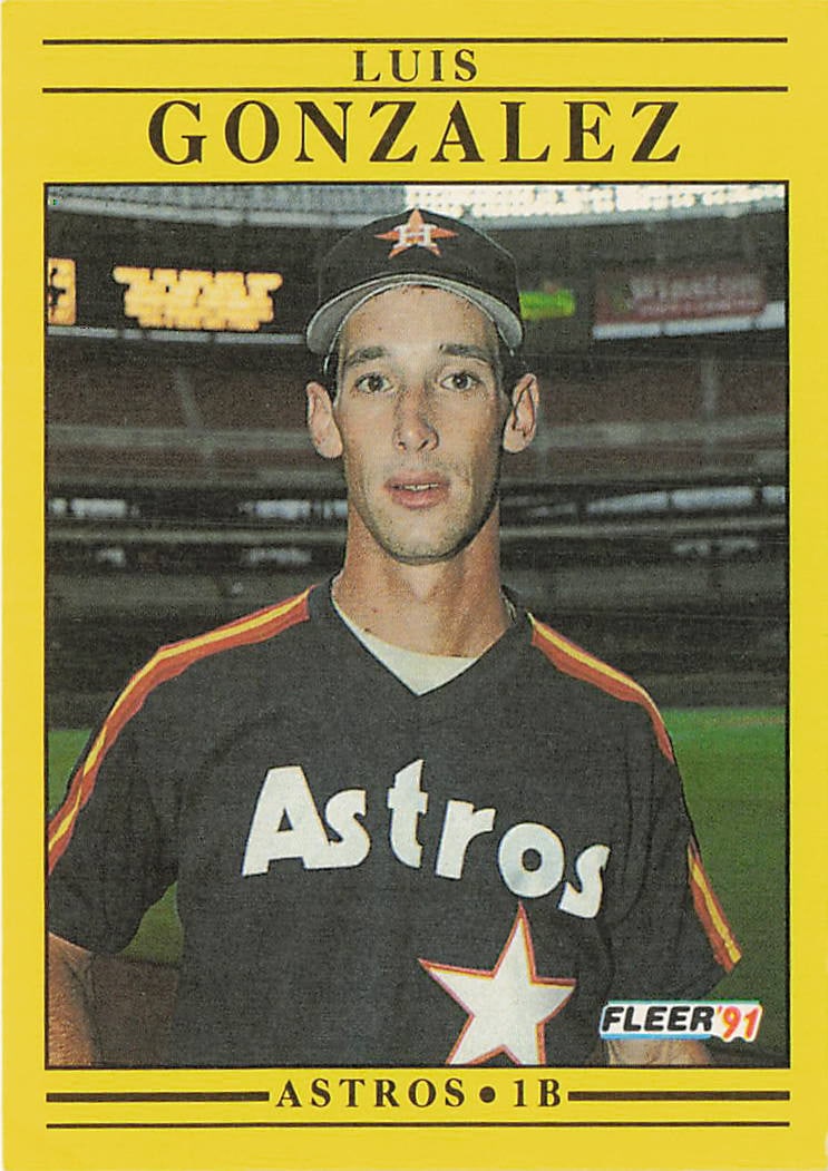 1991 Fleer #507 Luis Gonzalez Rookie Card featuring Luis Gonzalez: 1991 Fleer Luis Gonzalez #507 is a base trading card featuring Luis Gonzalez during his tenure with the Houston Astros. Issued during the Junk Wax era, this standard Fleer release captures Gonzalez