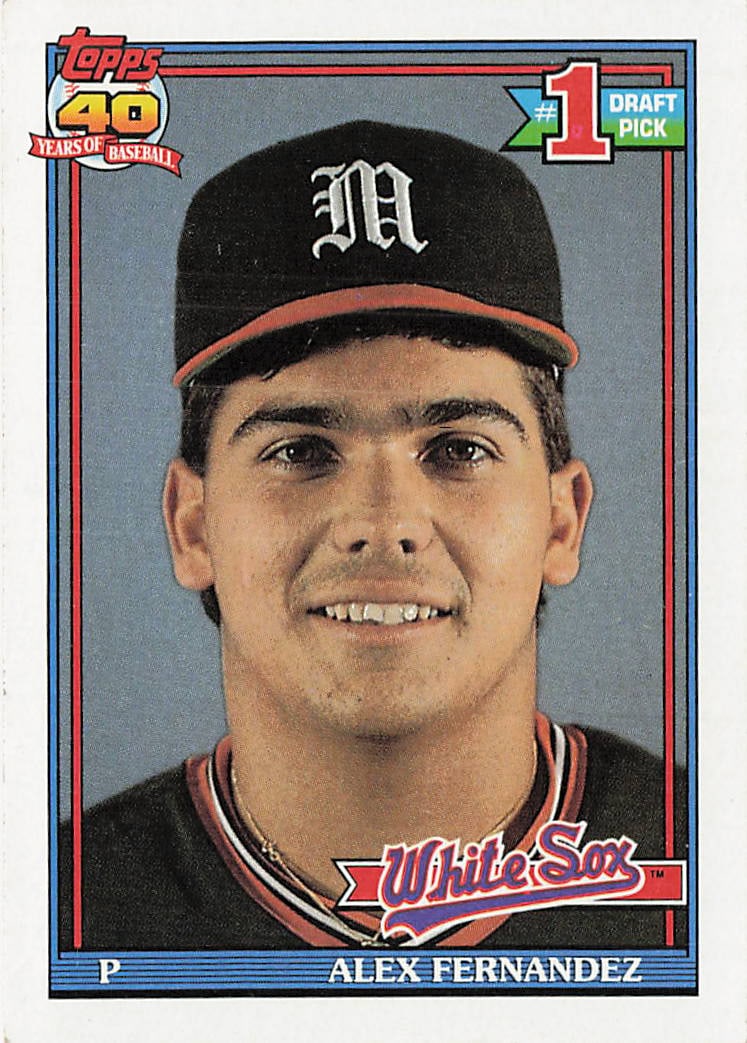 1991 Topps Alex Fernandez #278 rookie baseball card: 1991 Topps Alex Fernandez #278 is a rookie trading card featuring Alex Fernandez as a member of the Chicago White Sox. Issued as part of Topps' 40 Years of Baseball flagship release, this #1 Draft Pic
