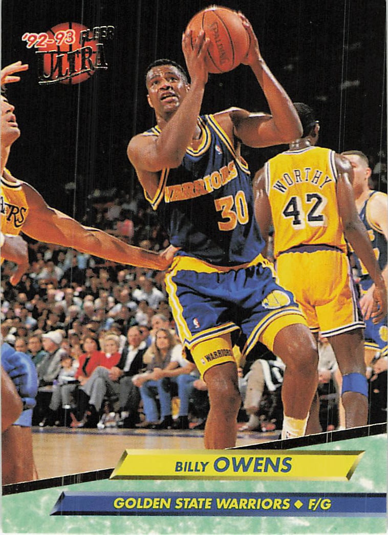 1992-93 Fleer Ultra Basketball #68 Billy Owens: This is a 1992-93 Fleer Ultra basketball card featuring Billy Owens, a talented forward who played for the Golden State Warriors. The card features Owens in his Warriors uniform with the classic