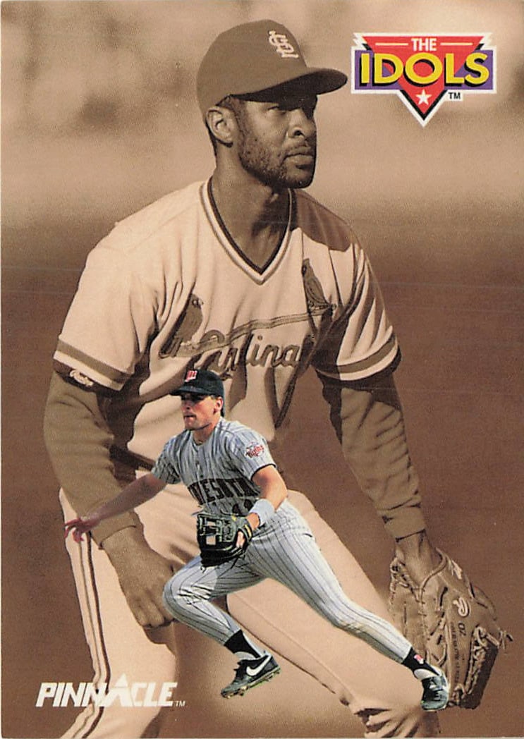 1992 Pinnacle #285 Ozzie Smith / Chuck Knoblauch "The Idols" baseball trading card: 1992 Pinnacle The Idols Ozzie Smith / Chuck Knoblauch #285 is a base trading card featuring Ozzie Smith during his tenure with the St. Louis Cardinals and Chuck Knoblauch as a member of the Minnesota 
