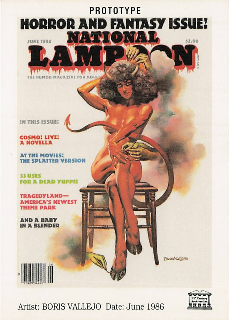 National Lampoon, June 1986 *HORROR AND FANTASY ISSUE* Card: This is a June 1986 issue of National Lampoon, featuring a Horror and Fantasy theme. The card showcases the satirical humor, parody, and pop-culture commentary associated with National Lampoon,