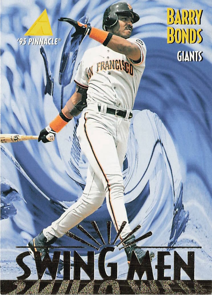 1995 Pinnacle #299 Barry Bonds "Swing Men" baseball trading card: 1995 Pinnacle Swing Men Barry Bonds #299 is a base trading card featuring Barry Bonds during his tenure with the San Francisco Giants. The Swing Men subset highlights notable sluggers of the era, and 
