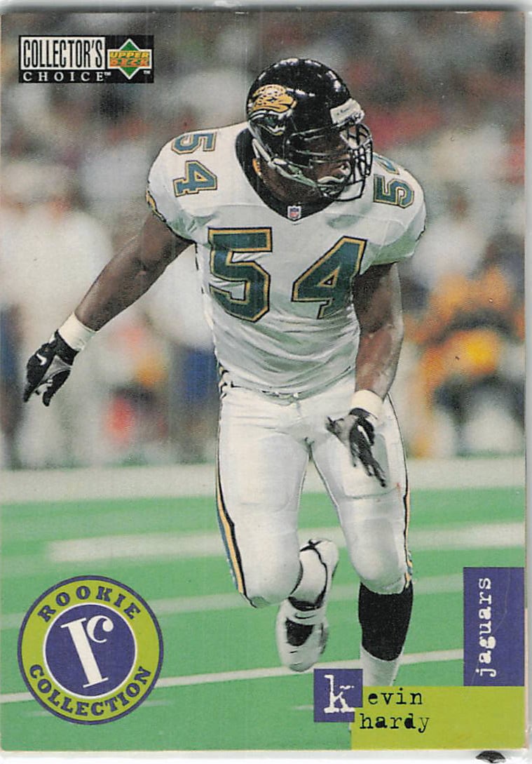 1996 Upper Deck Collector's Choice Update #U14 Kevin Hardy rookie trading card: This is a 1996 Upper Deck Collector's Choice football card featuring Jacksonville Jaguars player Kevin Hardy. The card is part of the Rookie Collection series.