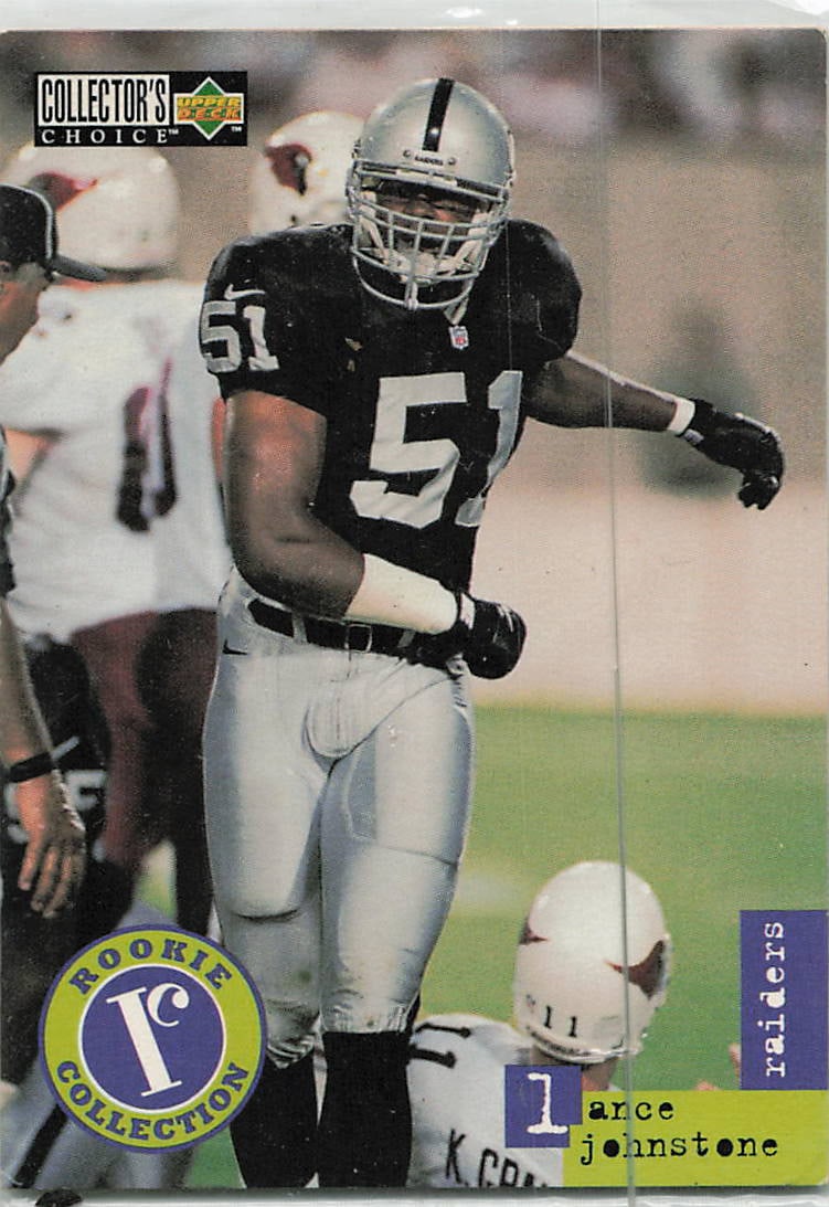 1996 Upper Deck Collector's Choice Update Lance Johnstone Rookie Card (#U54): This is a 1996 Upper Deck Collector's Choice football card featuring Oakland Raiders player Lance Johnstone. The card is marked as part of the Rookie Collection series.