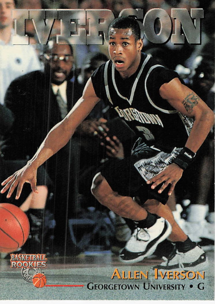 Allen Iverson rookie trading card from the 1996 Score Board Basketball Rookies set: 1996 Score Board Basketball Rookies Allen Iverson/Antoine Walker #7 is an error trading card featuring Allen Iverson during his Georgetown University tenure with Antoine Walker/Boston identification o