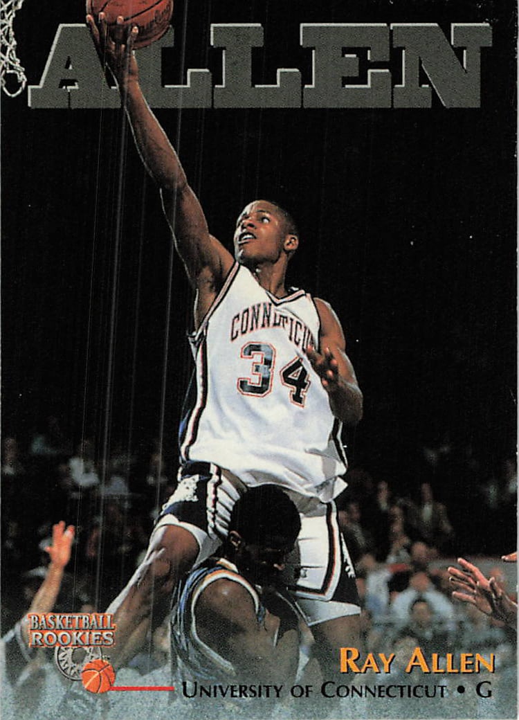 1996 Score Board Basketball Rookies Ray Allen #5: This is a 1996 Score Board Basketball Rookies card featuring Ray Allen, one of the NBA's premier shooting guards and a future Hall of Famer. The card is part of the Score Board Basketball Rookies seri