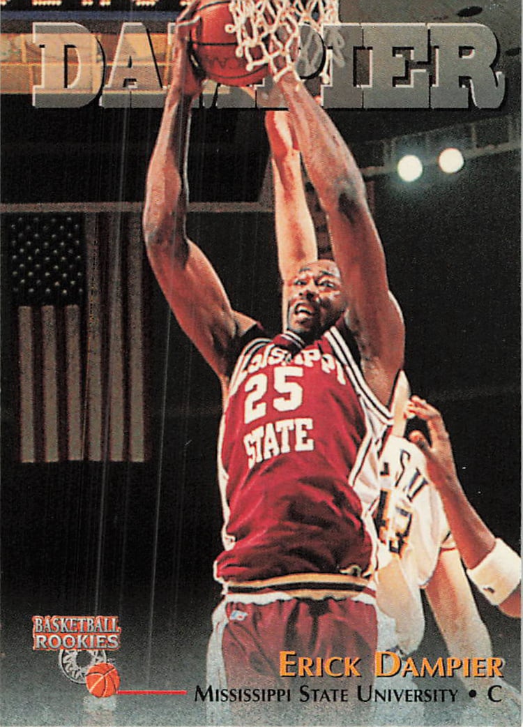 1996 Score Board Rookies #6 Erick Dampier basketball trading card: This is a 1996 Score Board Basketball Rookies card featuring Erick Dampier, a center known for his strong defensive presence and rebounding. The card is part of the Score Board Rookies series and show