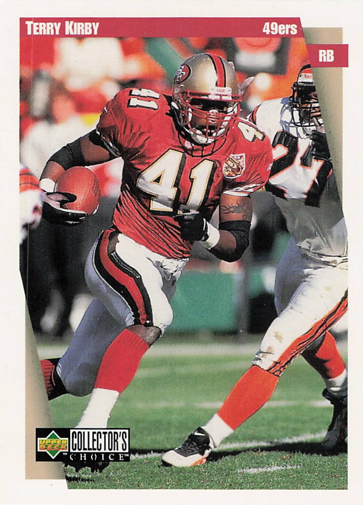 1997 Upper Deck Collector's Choice Terry Kirby football trading card: 1997 Upper Deck Collector's Choice Terry Kirby #92 is a base trading card featuring Terry Kirby during his tenure with the San Francisco 49ers. Collector's Choice was one of Upper Deck's mainstream