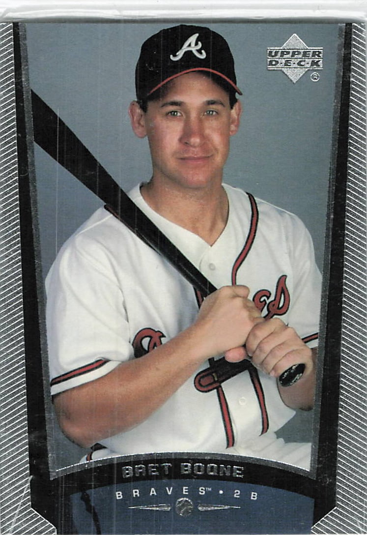 1999 Upper Deck #310 Bret Boone baseball trading card: 1999 Upper Deck Bret Boone #310 is a base trading card featuring Bret Boone as a member of the Atlanta Braves. Part of Upper Deck's late-1990s flagship baseball release, this card captures Boone durin