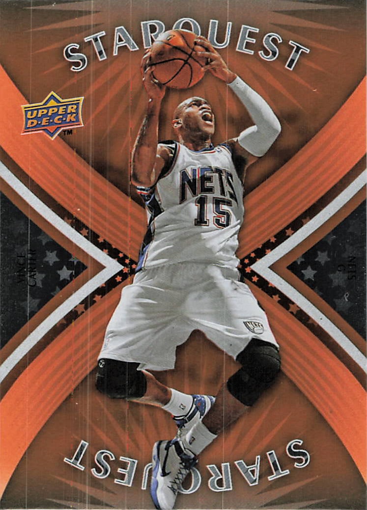 2008-09 Upper Deck StarQuest Vince Carter (#SQ-6) basketball trading card: 2008 Upper Deck Basketball Starquest Vince Carter #SQ-6 is an insert trading card featuring Vince Carter during his tenure with the New Jersey Nets. The Starquest insert series showcases NBA stars wit
