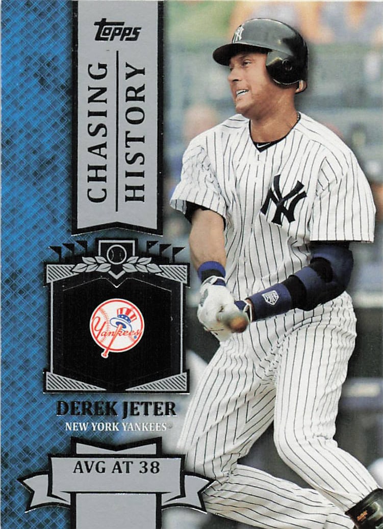 2013 Topps Chasing History #CH-37 Derek Jeter baseball card: 2013 Topps Chasing History card featuring Derek Jeter of the New York Yankees. The front shows Jeter with the text "AVG AT 37." No back image was provided, so the card number could not be confirmed